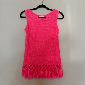Lilly Pulitzer Hot Pink Textured Knit Fringe Sleeveless Sweater Tank Top XS